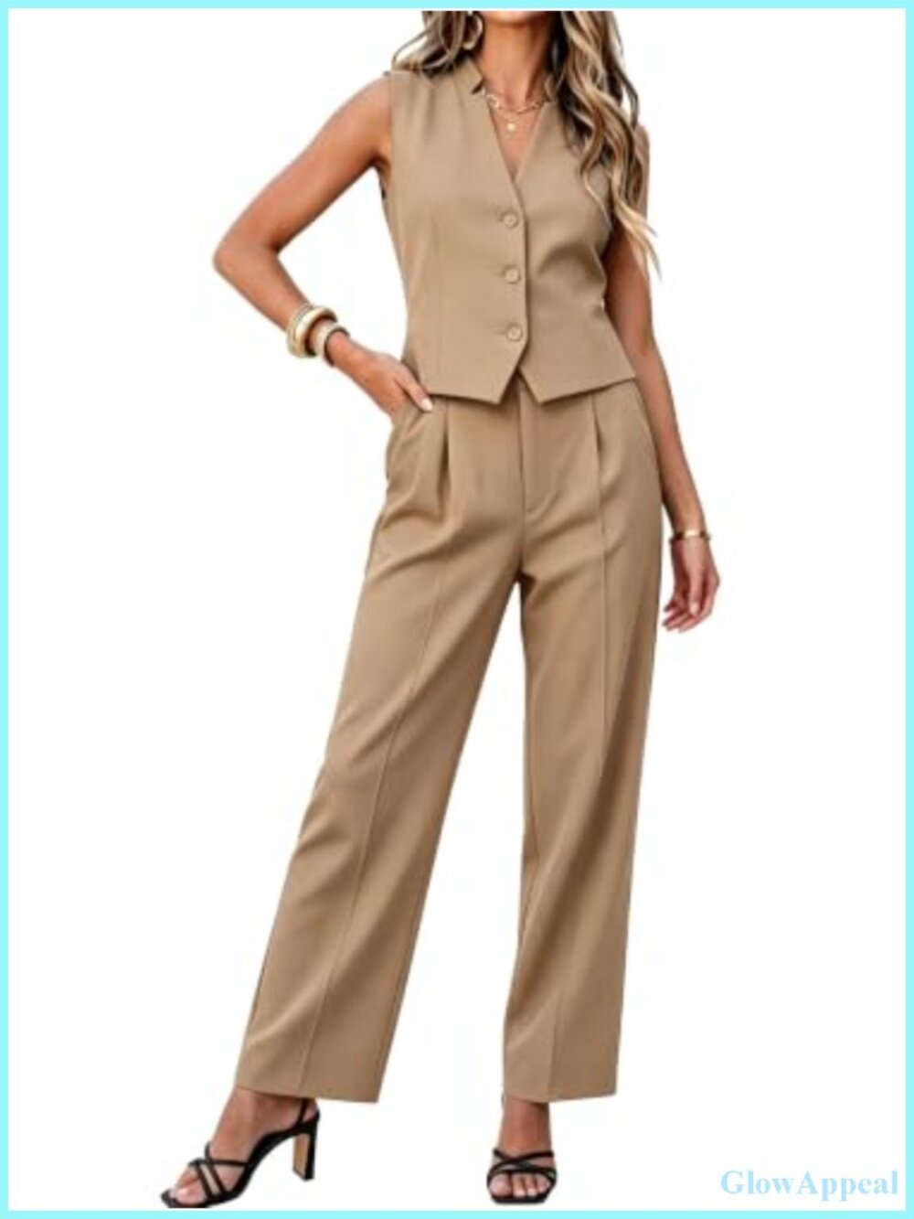 Womens 2 Piece Vest Pant Suit Sleeveless Button Blazer Wide Leg Set